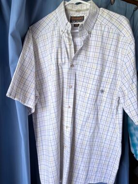 Ariat White Short-Sleeve Plaid Button-Down Shirt with Blue and Yellow Checks